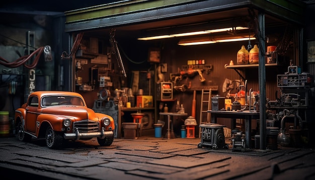 Servizio fotografico di diorama fotorealistico per la scena dell'officina di riparazione auto