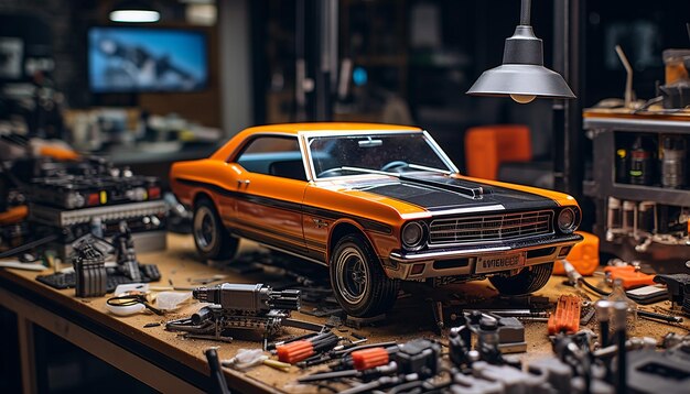 Servizio fotografico di diorama fotorealistico per la scena dell'officina di riparazione auto