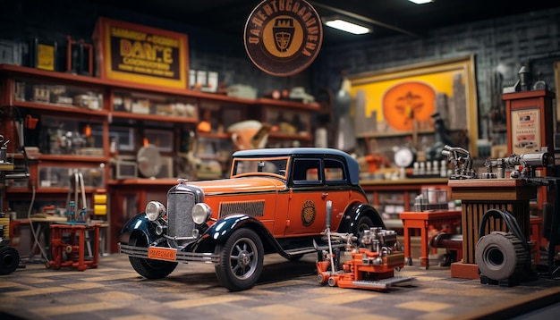 Servizio fotografico di diorama fotorealistico per la scena dell'officina di riparazione auto