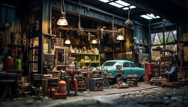 Servizio fotografico di diorama fotorealistico per la scena dell'officina di riparazione auto