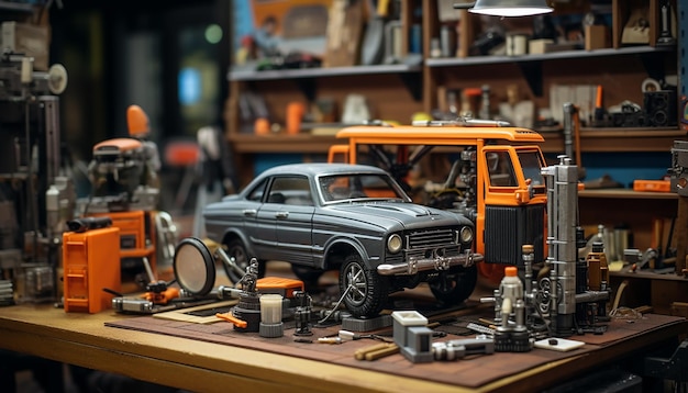 Servizio fotografico di diorama fotorealistico per la scena dell'officina di riparazione auto