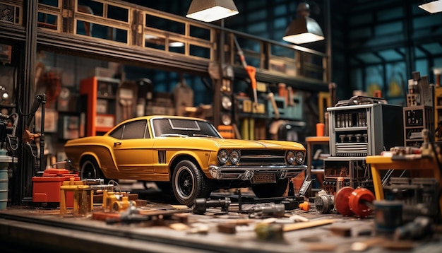 Servizio fotografico di diorama fotorealistico per la scena dell'officina di riparazione auto