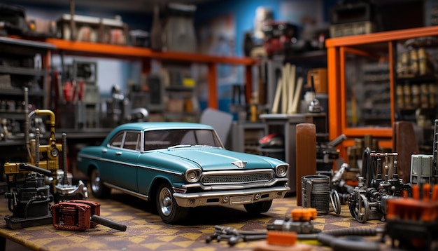 Servizio fotografico di diorama fotorealistico per la scena dell'officina di riparazione auto