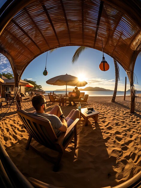 Servizio fotografico di lavoro a distanza su una spiaggia Catturando il progetto di viaggio di lavoro a distanza di Co Nomad Visa 0