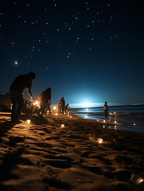 Servizio fotografico di un evento di pulizia della spiaggia che enfatizza il concetto creativo di viaggio sostenibile per la comunità