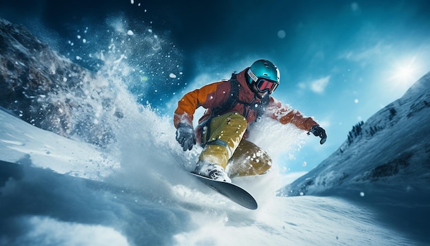 servizio fotografico dinamico di snowboard e sci sulla neve