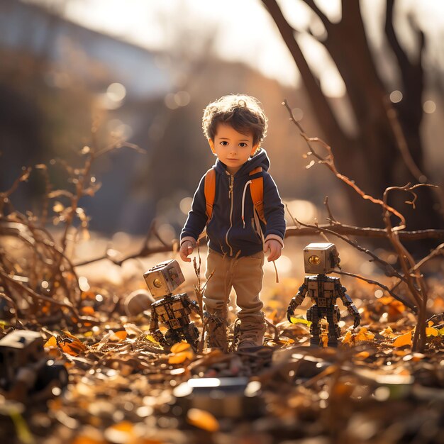 Servizio fotografico in stile Tilt Shift di un bambino che esce con un amico robot