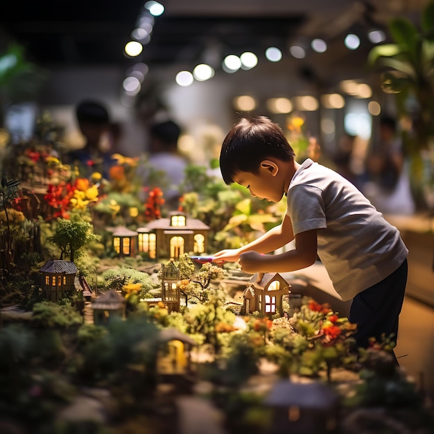 Servizio fotografico in stile Tilt Shift di un bambino che si diverte con gli esperimenti scientifici