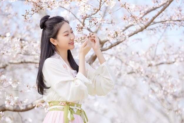 Servizio fotografico Modello femminile asiatico con bellissimi fiori di ciliegio sullo sfondo della natura