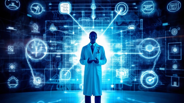 Servizio ospedaliero di intelligenza artificiale generativa e assicurazione blockchain clinica e connessione sanitaria digitale