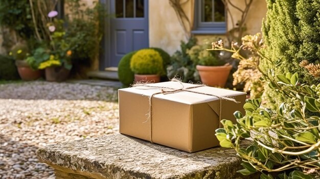 Servizio postale di consegna a domicilio e scatola di pacchi per acquisti online sulla porta di una casa in campagna