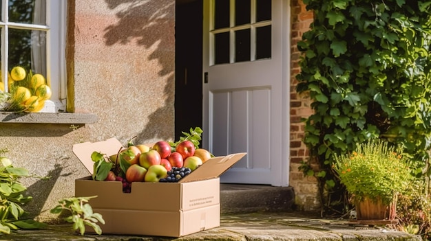 Servizio postale di consegna cibo e scatola di frutta per la spesa online con frutta fresca biologica proveniente da una fattoria locale a due passi da casa in campagna generativa ai