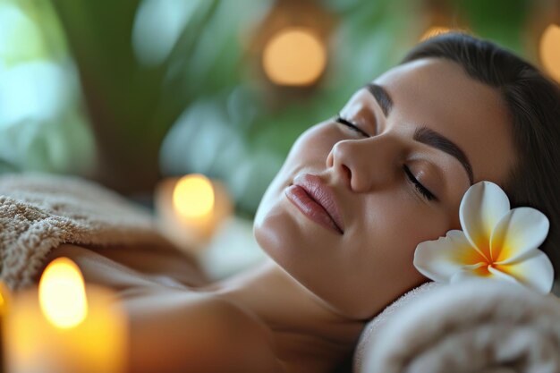 Sessione di spa rilassante donna con fiore ambiente pacifico