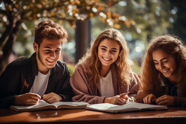 Sessione di studio universitario Amici giovani felici che imparano insieme IA generativa