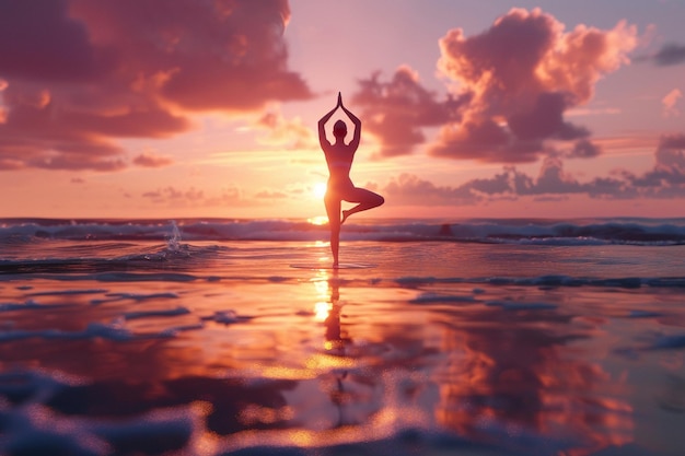 Sessione di yoga all'alba ispiratrice sulla spiaggia