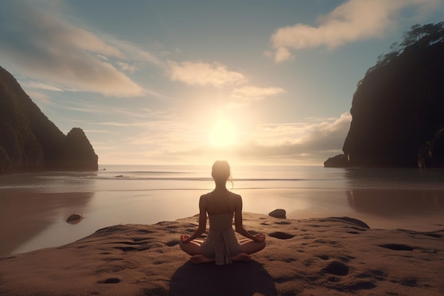 Sessione di yoga mattutina tranquilla sulla spiaggia Generative ai