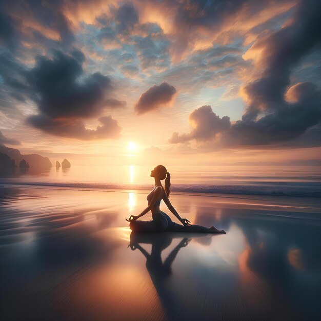 Sessione di yoga sulla spiaggia tranquilla all'alba