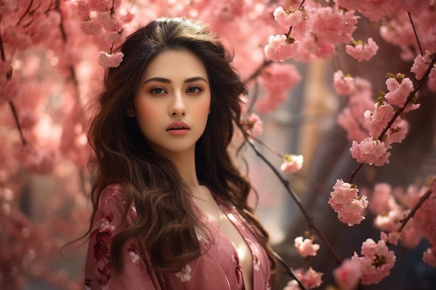 sessione fotografica modello femminile asiatica con bellissimi fiori di ciliegio sfondo naturale