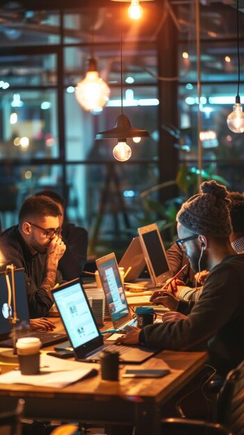 Sessione notturna del team di start-up con laptop aperti e tazze da caffè in un ambiente di ufficio moderno e vivace