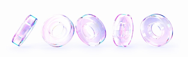 Set 3d di ologramma di luce cristallina anello di vetro render icona isolata figure geometriche astratte con gradiente di colore dell'arcobaleno cerchio trasparente oggetti liquidi elementi grafici cromatici