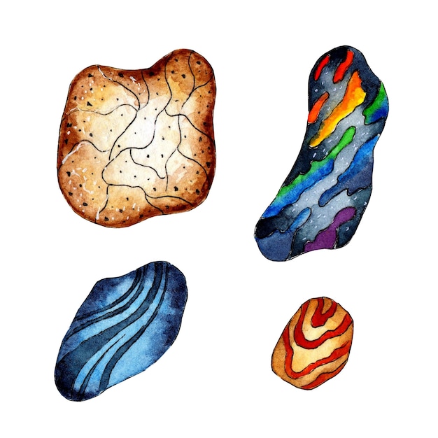 Set acquerello di pietre colorate marine Ciottoli per l'acquario Illustrazione astratta di rock