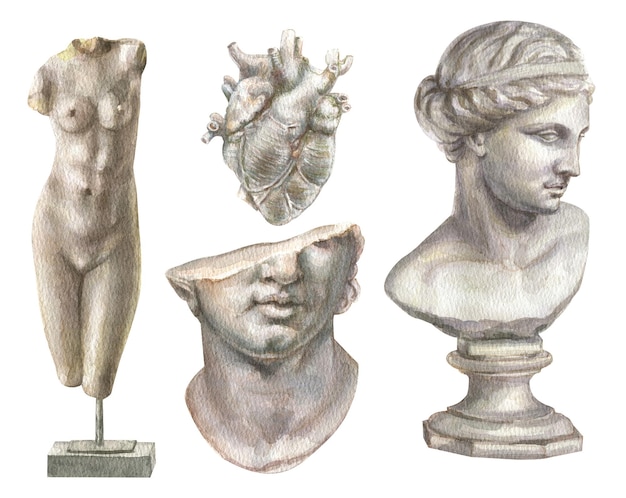 Set acquerello di sculture greche del cuore, testa femminile, corpo femminile.
