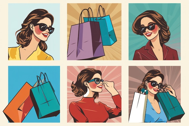 Set collage da donna alla moda con abiti colorati, borse per la spesa, sconti sui saldi e Black Friday