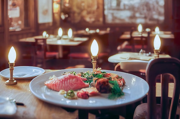 Set completo di pasti europei in un ristorante, tavola rotonda in legno, lampada vintage e braccio vuoto per salmone c