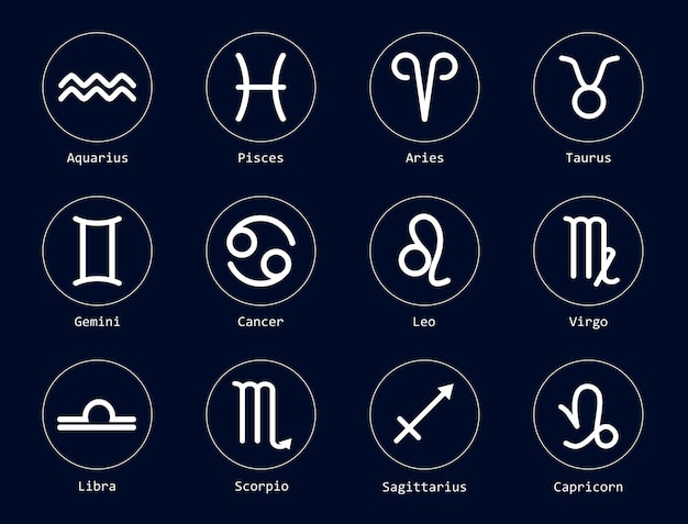Set con 12 segni zodiacali su sfondo blu scuro