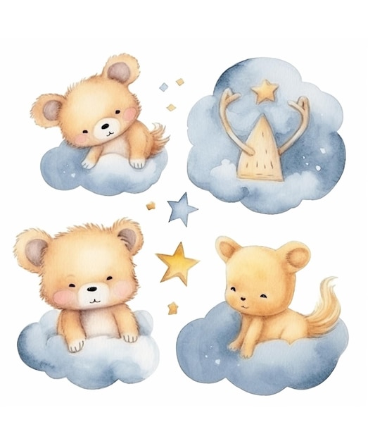 Set con acquerello simpatico orsacchiotto che dorme sulla nuvola con le stelle