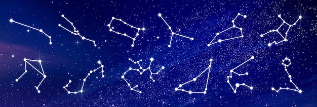 Set con costellazioni zodiacali contro il cielo notturno con stelle Banner design