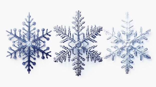 Set con fiocchi di neve isolati su sfondo bianco Foto macro di veri cristalli di neve IA generativa