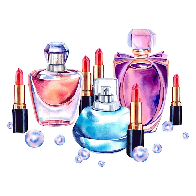 Set con profumo di rossetto rosso e perle Illustrazione ad acquerello su uno sfondo isolato Fiale di vetro Bellezza e moda Una composizione elegante