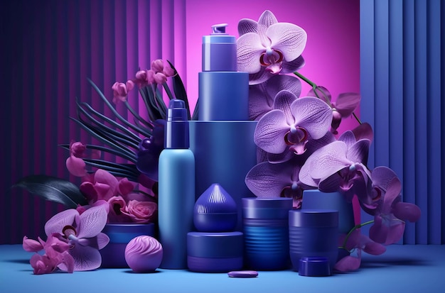 set cosmetico di flaconi blu con viola viola e orchidee generative ai