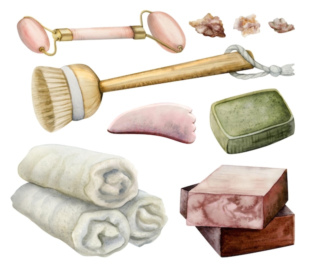 Set da bagno termale di saponette ad acquerello per il viso, massaggiatore al quarzo rosa, asciugamani per la doccia al sale