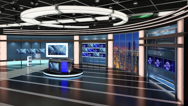 Set da studio TV virtuale Sfondo dello schermo verde Rendering 3d Studio di set virtuale per riprese cromatiche