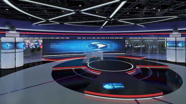 Set da studio TV virtuale Sfondo dello schermo verde Rendering 3d Studio di set virtuale per riprese cromatiche