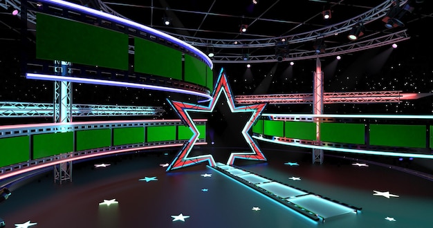 Set da studio TV virtuale Sfondo dello schermo verde Rendering 3d Studio di set virtuale per riprese cromatiche