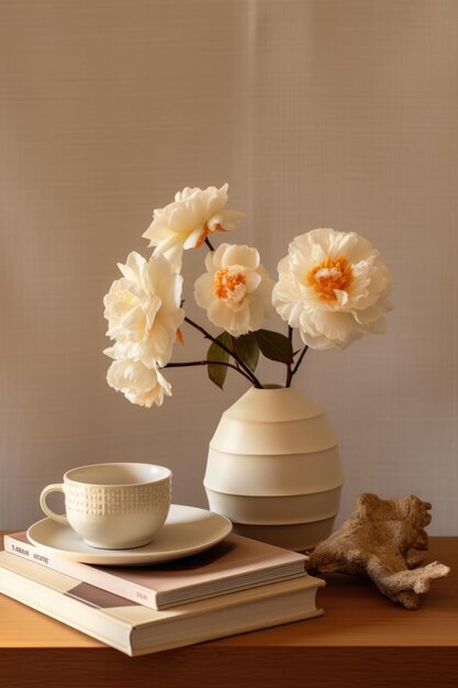 Set da tavola con tazzina da caffè e peonia in vaso semplicità giapponese atmosfera beige e terra d'ombra