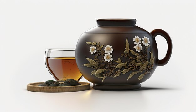 Set da tè cinese tradizionale su sfondo bianco con elementi culturali