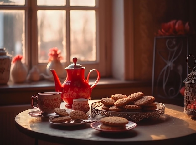 Set da tè rosso e biscotti di Natale sul tavolo vicino alla finestra al tramonto