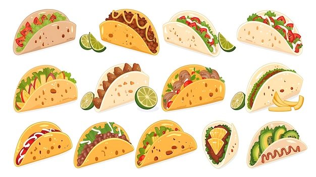 Set di 12 deliziosi tacos con coperture diverse Illustrazione di cibo messicano