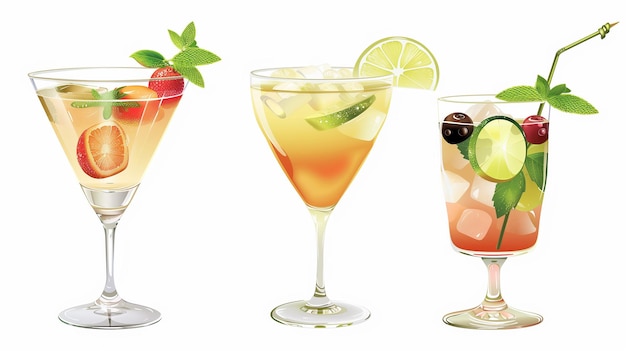 set di 3 cocktail realistici sullo sfondo bianco