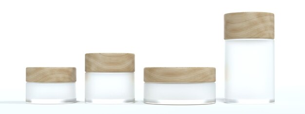 Set di 4 vasetti di crema cosmetica in vetro con coperchi in legno confezione di prodotti di bellezza e cura e mockup di rendering 3D di branding