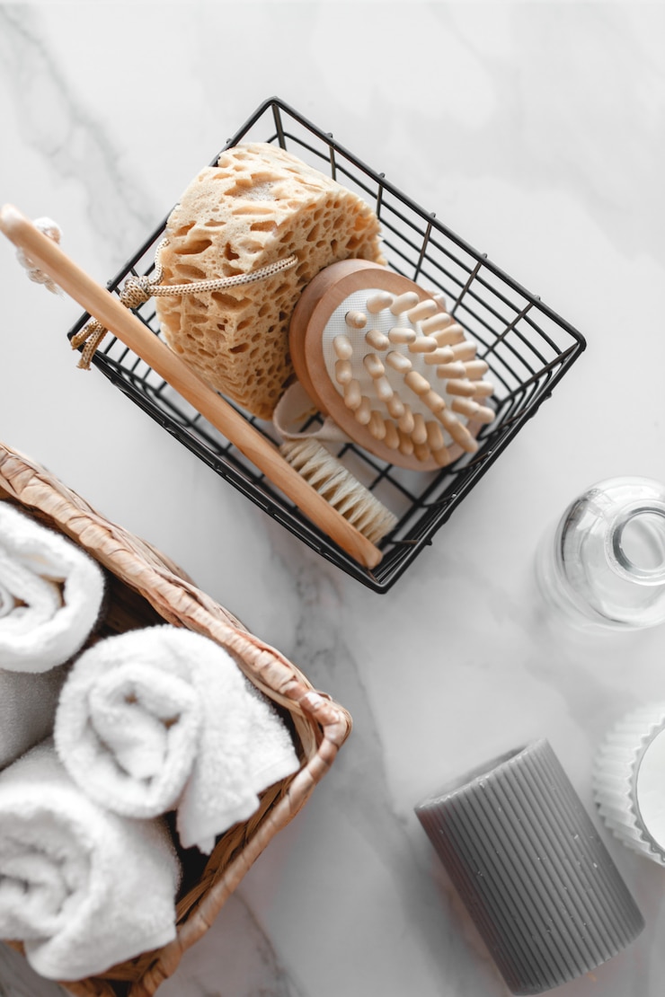 Foto set di accessori da bagno vari. asciugamano di spugna, sapone, pettine, olio, shampoo, panno di luffa e candele. la vista dall'alto