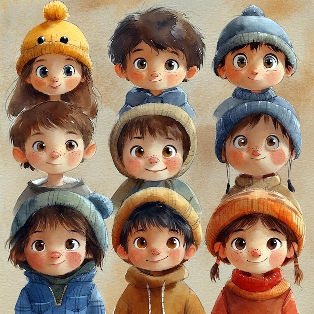 Set di acquerelli di bambine con facce di avatar, teste di bambini.