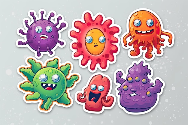Set di adesivi colorati di personaggi simili a mostri virus e batteri AI Contenuto generato