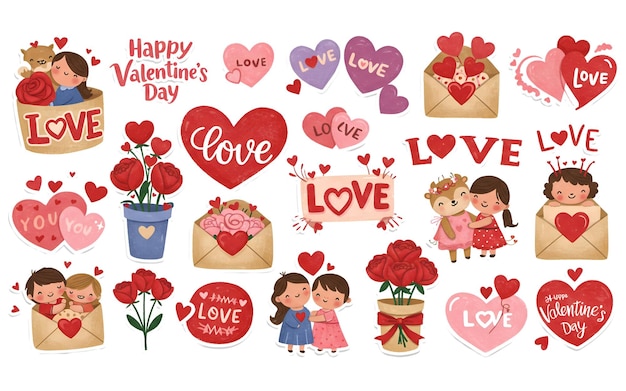 Set di adesivi d'amore di San Valentino isolati su sfondo bianco