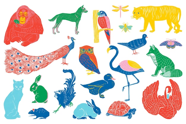 Set di adesivi png di animali selvatici d'epoca