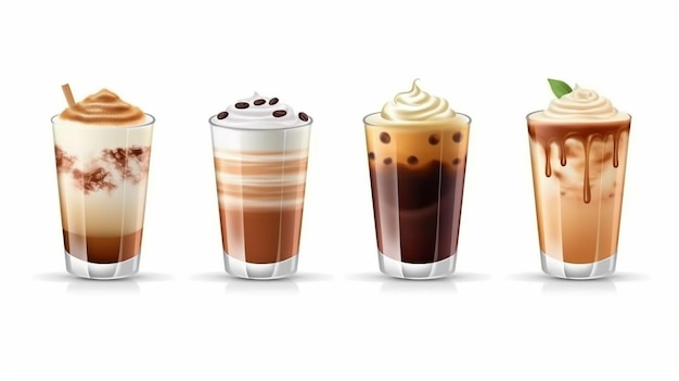 Set di AI generativa con diverse bevande al caffè senza cannucce su sfondo bianco